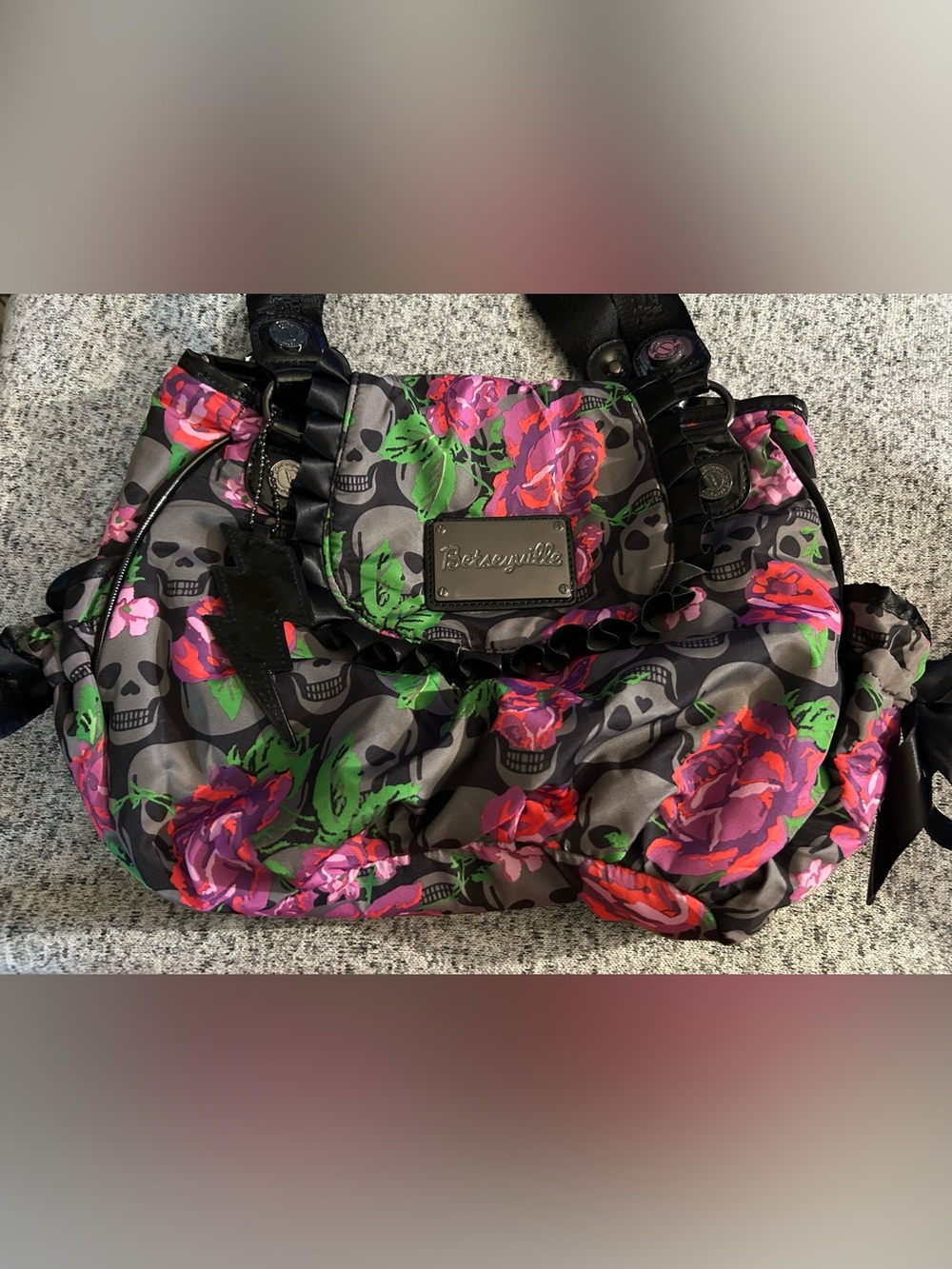 Vintage Betseyville Betsey Johnson Pink Tote Bag Hot Pink Purple Skulls Roses